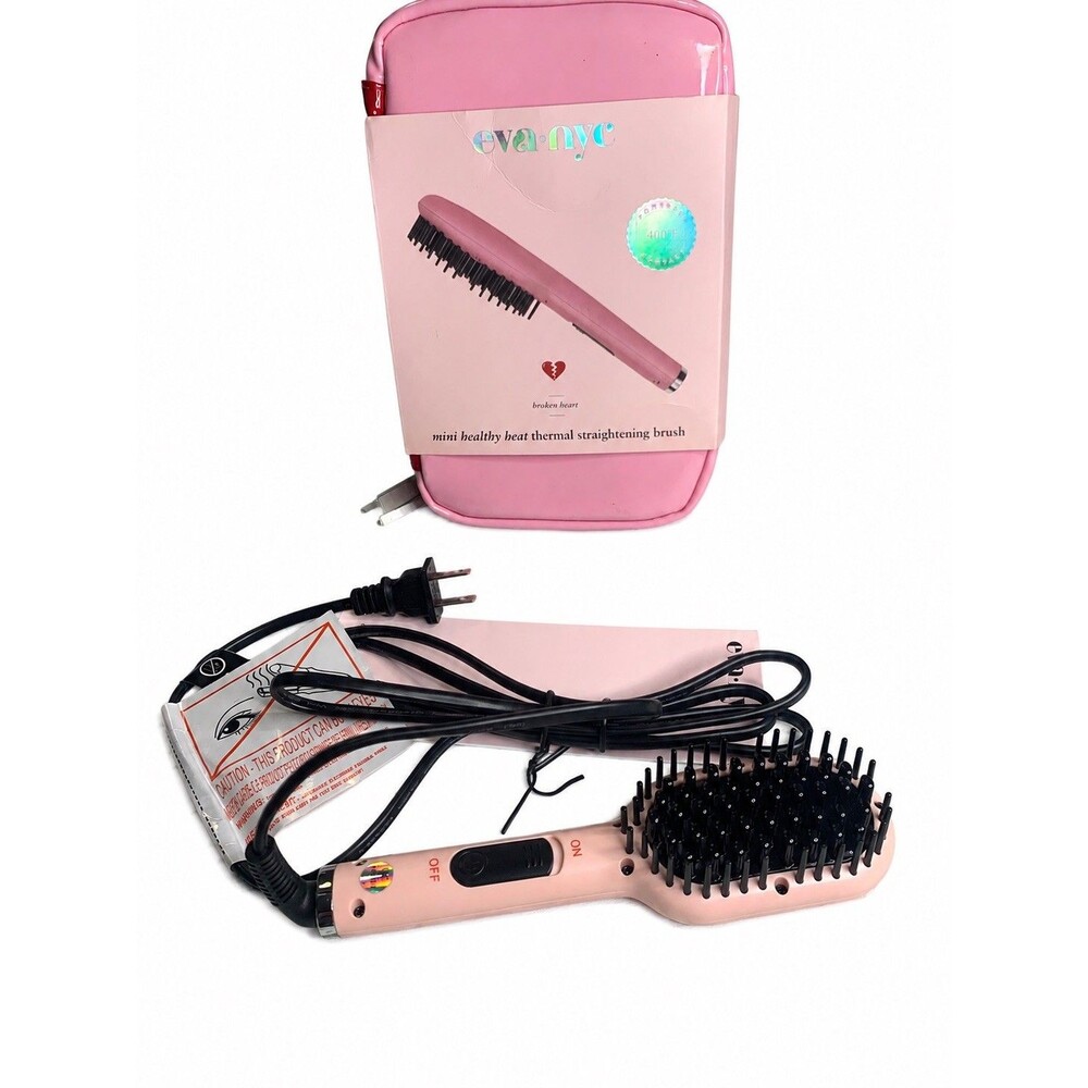 Eva NYC Broken Heart Mini Healthy Heat Thermal Straightening Brush Pink w/ Case